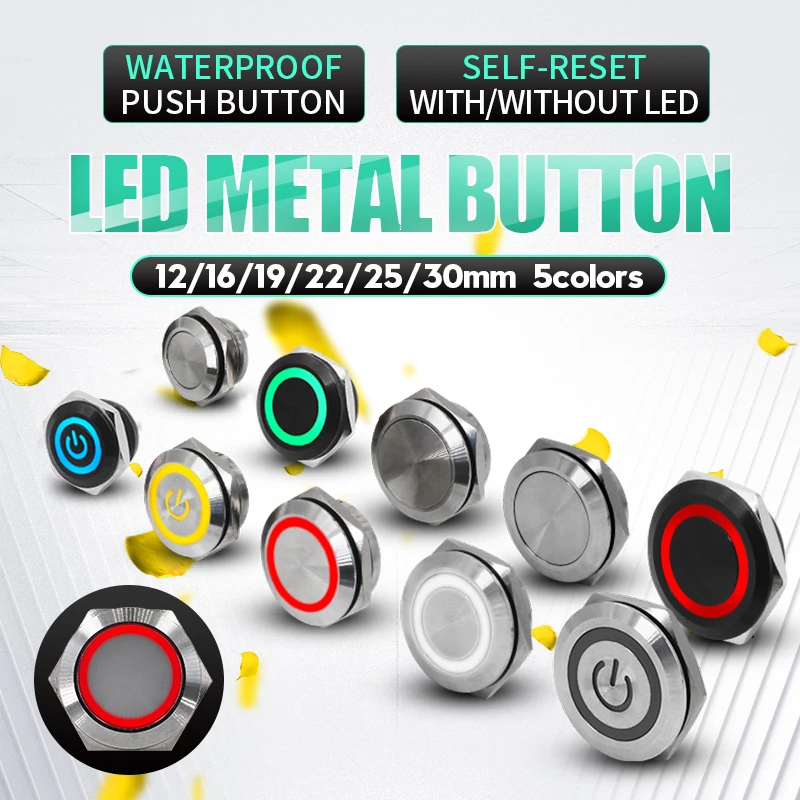 Botão de reset automático do diodo emissor de luz do interruptor momentâneo do tato 12/16/19/22/25/30mm com interruptor conduzido do metal da lignt impermeável