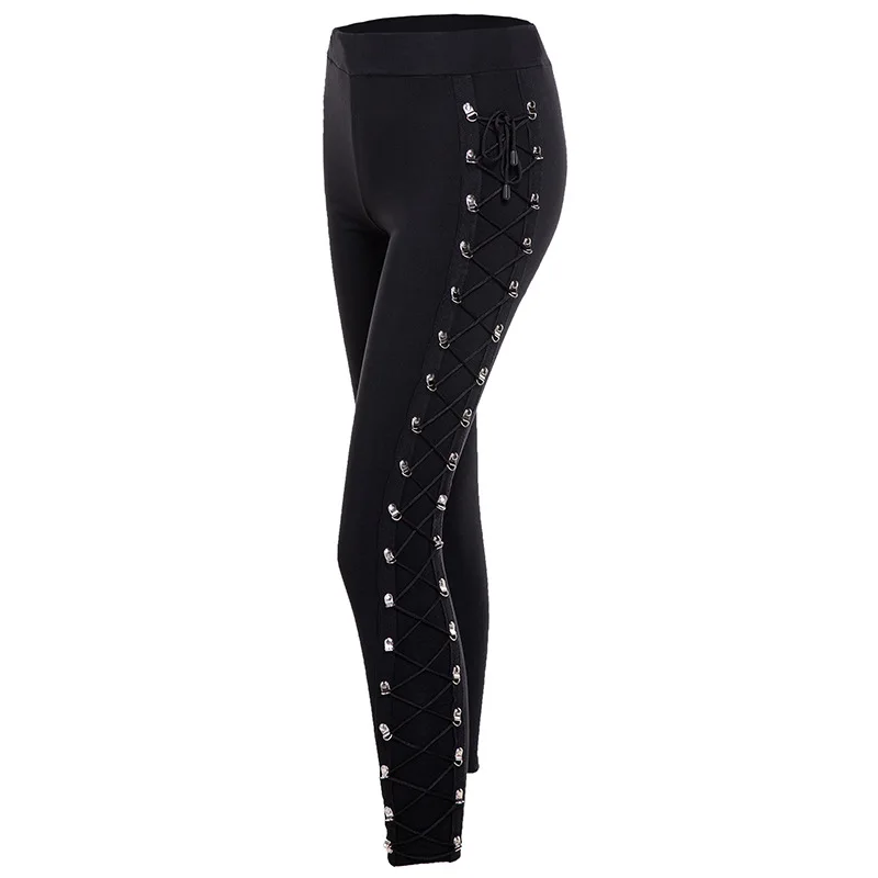 

Women pants Slim Sexy Pencil Pants Gothic Punk Side Drawstring black female Trousers