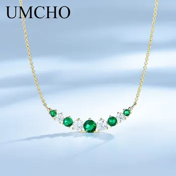 

UMCHO Pure 925 Sterling Silver Chain Yellow Color Chain Created Emerald Necklace For Womn Mother's Day Gift Fine Jewelry