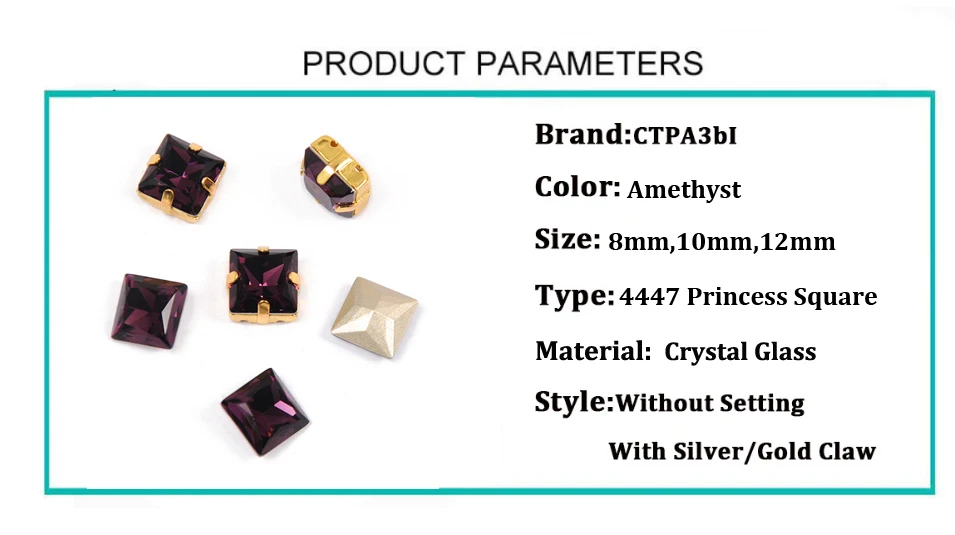 Alle Farben Kristall-Prinzessin Quadratische Glassteine zum Aufnähen, Strasssteine für Handarbeiten mit Krallen, DIY Kleidungszubehör, Diamanten – Detail 22