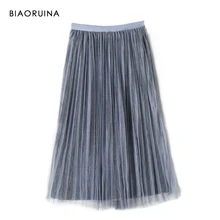 BIAORUINA, 5 цветов, атласная Лоскутная сетчатая женская повседневная юбка в складку, женская элегантная Однотонная юбка до колена, один размер