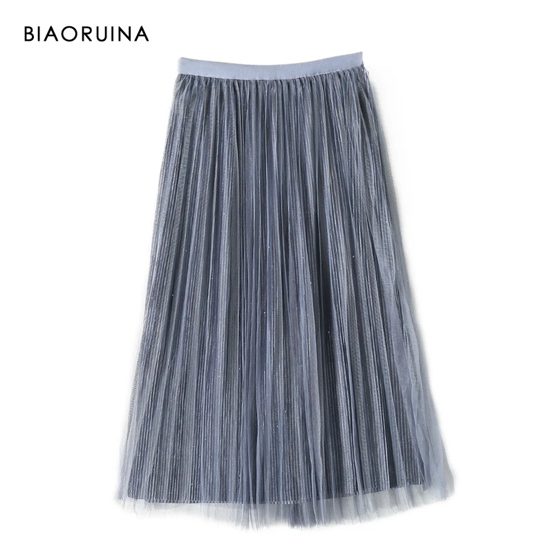 

BIAORUINA 5 Colors Satin Patchwork Mesh Women's Casual Pleated Skirt Female Elegant Solid Knee-Length Skirt One Size