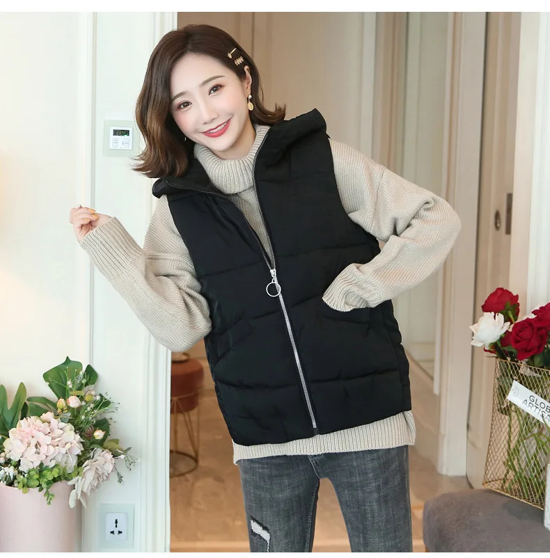 Lugentolo Women's Vest Vest Short Cotton Clothing Autumn and Winter Loose Solid Color Zipper Hooded Vest Cotton Clothing