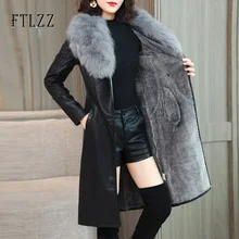 Зимняя Длинная кожаная куртка для женщин, тонкий воротник из искусственного меха, черные куртки для девушек размера плюс, теплая подкладка из искусственного ягненка, кожаная верхняя одежда