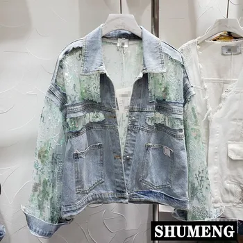 

Denim Lace Jacket Women Spring Autumn New Sequin Embroidery Hole Stitching Mesh Sunscreen Jeans Coat Female Coat Chaqueta Mujer