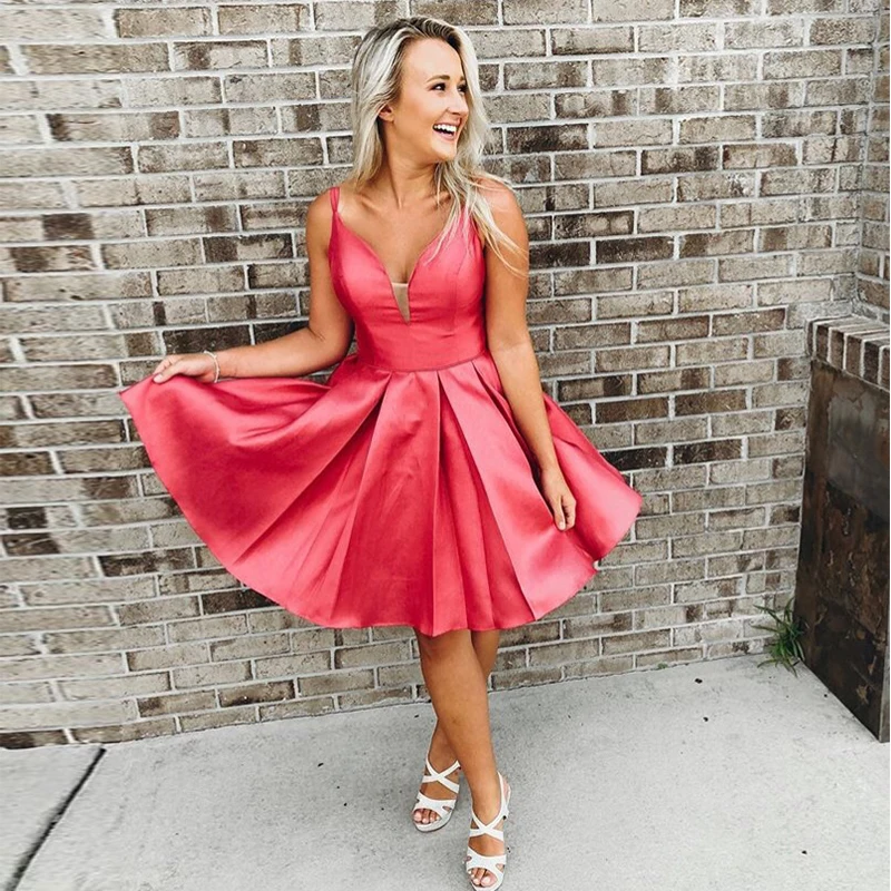 Simple V-neck Watermelon Homecoming Dresses Spaghetti Straps Short Graduation Formal Party Dresses Knee Length Prom Gowns