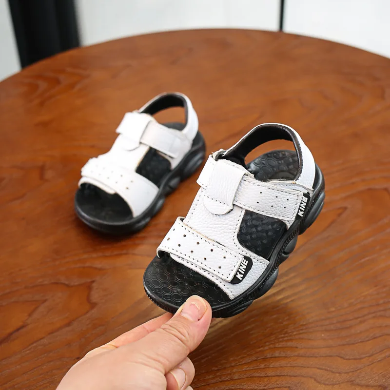 Children summer beach sandals 2023 cool boys girls genuine leather cowhide breathable comfortable flat sandals baby soft shoes 3