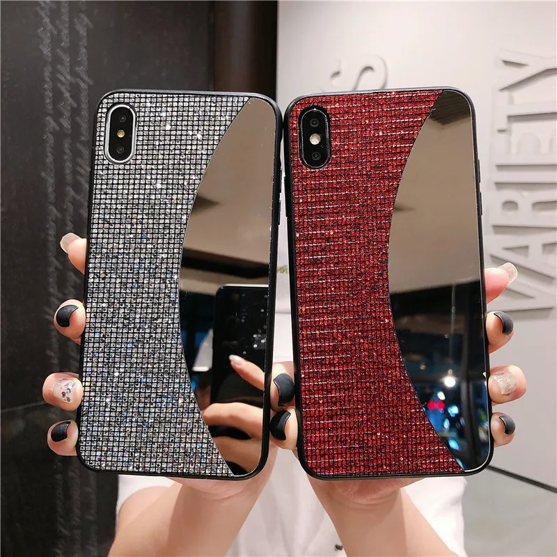 

case for iPhone 11 XR 7 8 11 Pro Max X XS Max Plus 6 6s gridding gliter sequin make up mirror TPU cover