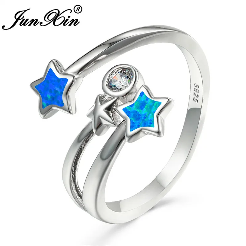 Cute Star Ring 925 Silver Color Blue Fire Opal Rings For Women Open Wedding Bands Zircon Dainty Engagement Ring Finger Jewelry