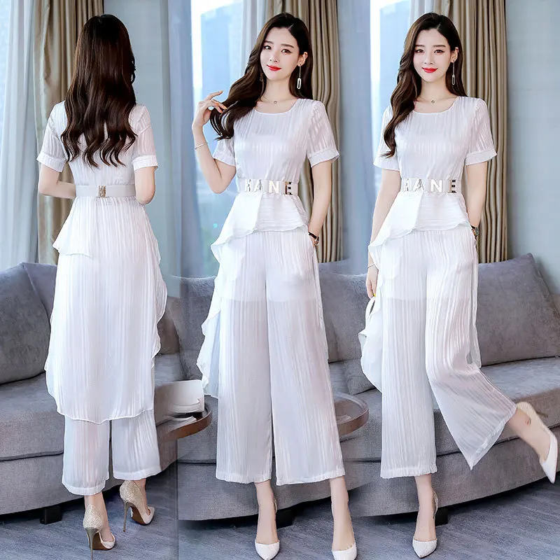 

Solid Color 2019 Summer Crew Neck Fashion Comfortable Elegant Short Sleeve Lace-up Simple Versatile Set