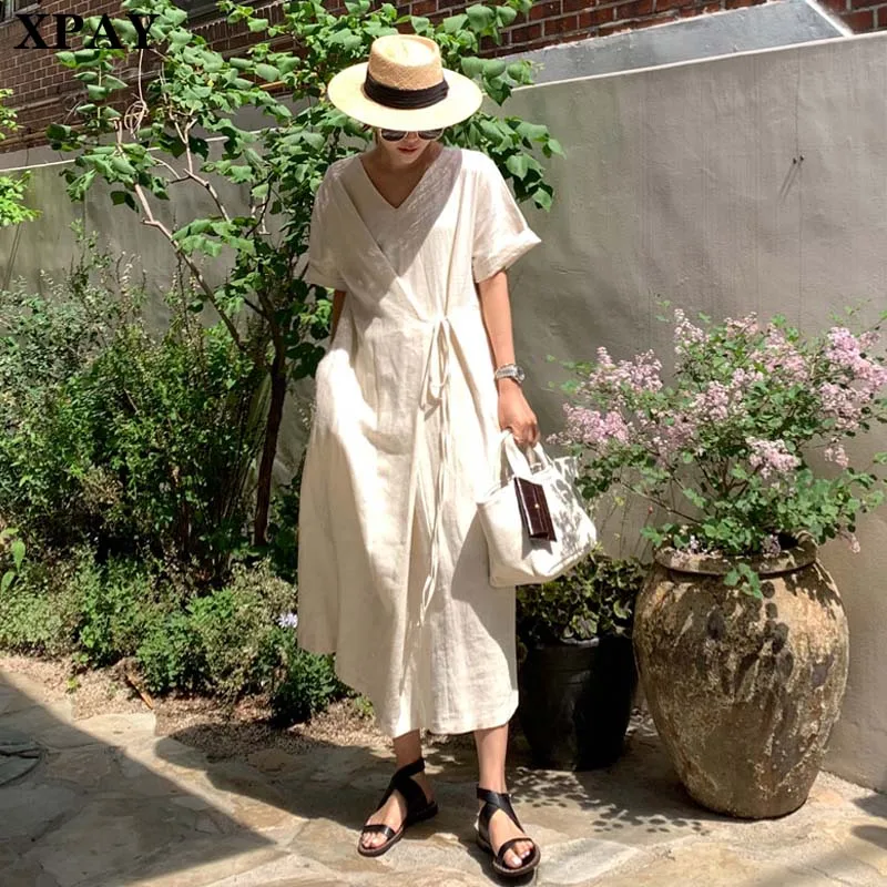 

2020 Summer Korean Style Cotton Long Dress Women Oversized Short Sleeve Lace-Up Linen Dresses Robe Female Casual Vestidos Femme