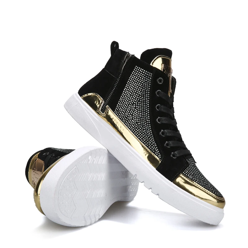 Cool Men High Top Men Gold Glitter Sneakers Lace Up Crystal Platform Flats Gold Shoes Man Sequins krasovki Bling Shoes