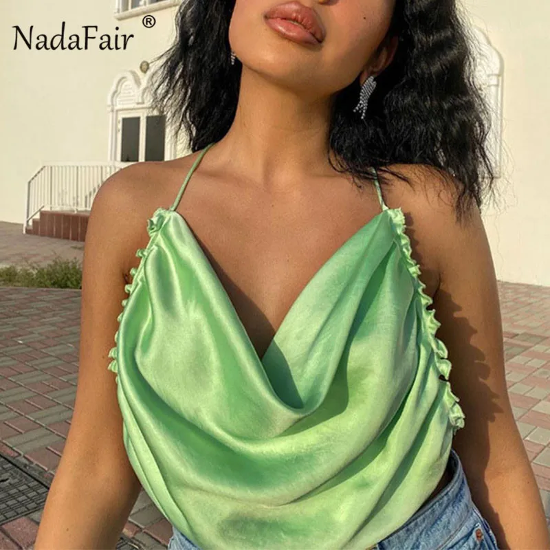 Атласный сексуальный женский укороченный топ Nadafair с открытой спиной и оборками
