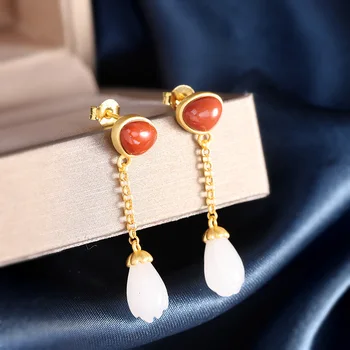 

Silver Earrings cross border accessories S925 silver plated fashion jade orchid and Tian jade earrings earrings female