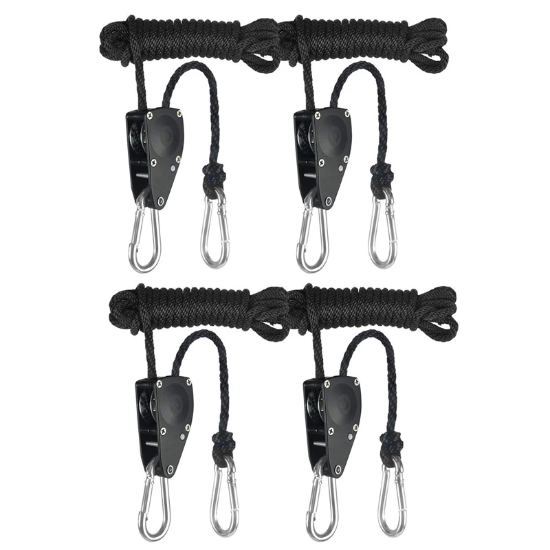 

2 Pairs 1/4 Inch 8-Feet Long Adjustable Heavy Duty Clip, Reinforced Metal Internal Gears,300Lb Capacity Rope Hanger, Pack, Black