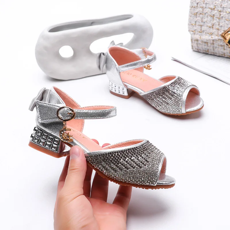 ULKNN Fashion Rhinestone Sequins Leather Children Bowtie Sandals Princess Girls Kids Soft Bottom 3 4 5 6 7 8 9 10 11 12 Years