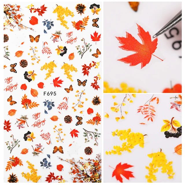 1PC Lines Maple Leaves Nail Foil Stickers Autumn Gold Flower Leaves Transfer Decals Slider Nails Art Decoration DIY Manicures F695