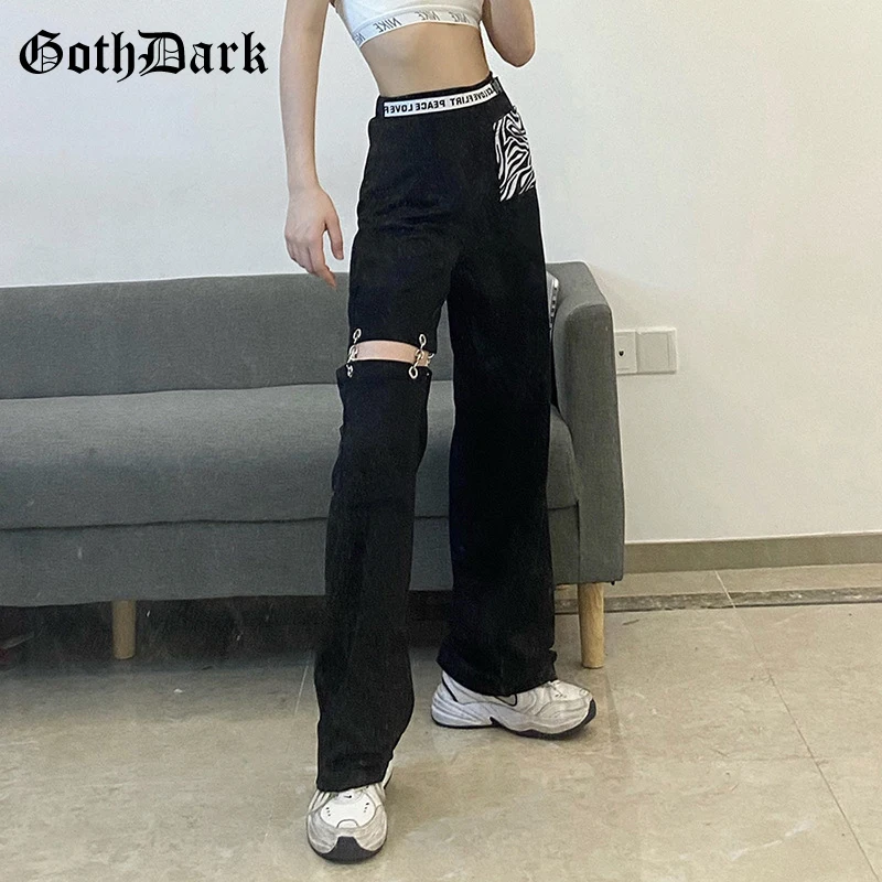 

Goth Dark Gothic Patchwork Pants E-girl Style Zebra And Letter Printed Wide Leg Black High Waist With Pockets Joggers Trouser