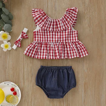

Lovely Clothes Sets Baby Girl Summer Cotton Plaid Printing Sleeveless Ruffle Splicing Tops Bloomers Shorts Headband 3-24M