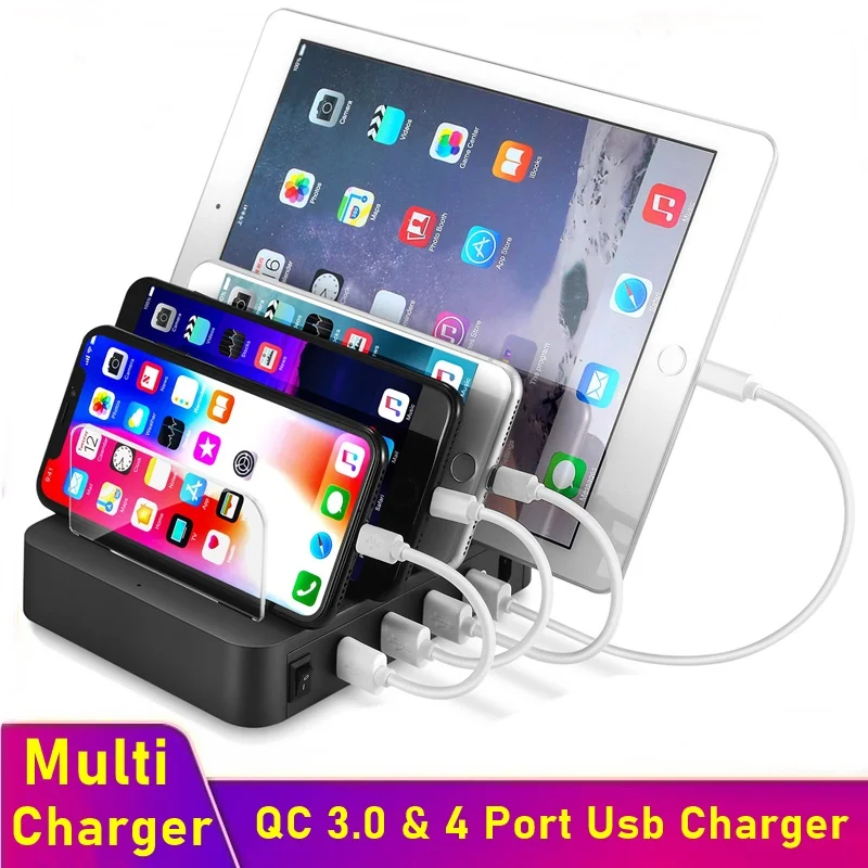 Зарядное устройство Tongdaytech USB 4 порта быстрое зарядное QC3.0 для Iphone 12 11 Pro Max 8 7 Samsung