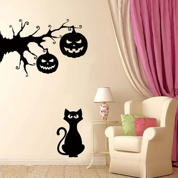 

Wall Stickers Halloween Pumpkin Lantern Holiday Christmas Tree Curved Tail Black Cat Home Decoration Sticker HKS99