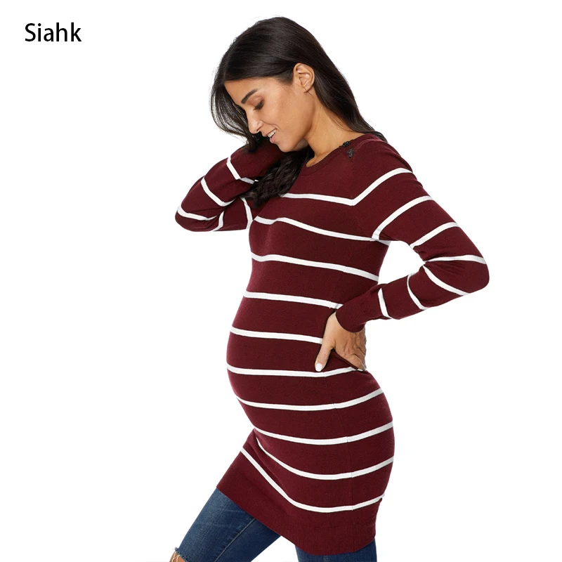 Siahk зимний женский свитер для беременных полосатый вязаный длинный рукав туника с вырезом лодочкой длинный свитер для беременных
