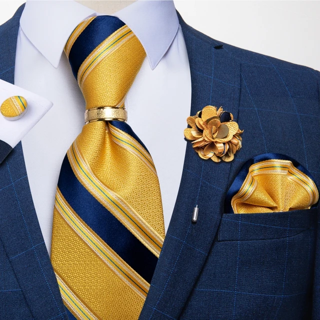 Yellow and Blue Stripe Patterned Handmade 100% Silk Wedding Tie 8cm Width