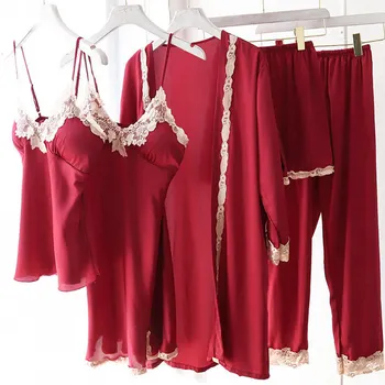 

New 5 Pieces Women Pajamas Set Sexy Lace Satin Silk Sleepwear Summer Spring Fashion Pajamas for Women Robe Sleep Lounge Homewear