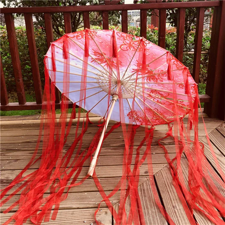 Hanfu Oiled paper Umbrella rain women фотография Prop непромокаемая лента античные кисточки зонтик вентилятор paraguas зонтик - Цвет: Ribbon Red tassel