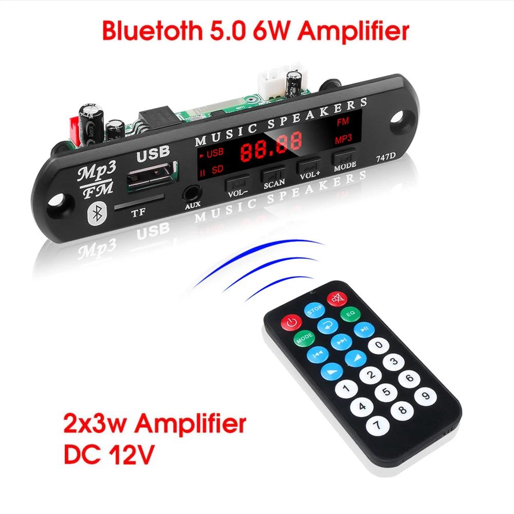 KEBIDU 12V MP3 Player Decoder Board Bluetooth 5.0 6W Amplifier Car FM Radio Module Support TF USB AUX FM 2*3W Amplifier