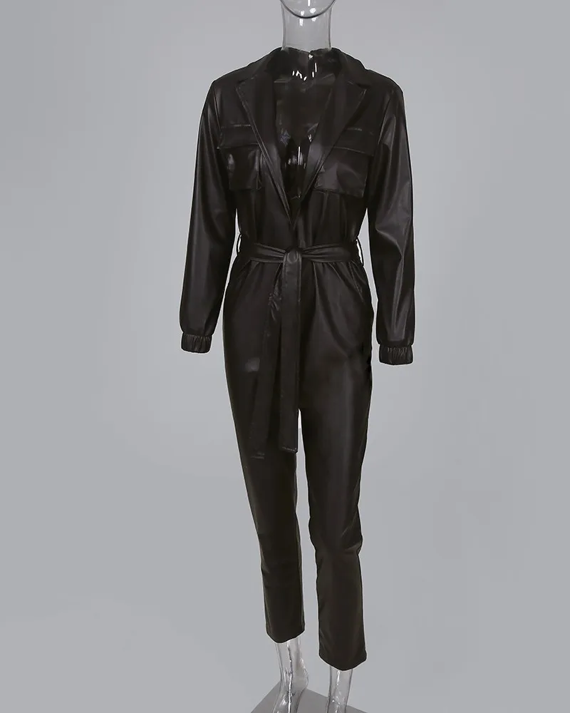 Goedkoop Sexy Tie Taille Faux Leather Jumpsuit Vrouwen Winter Herfst Turn Down Kraag PU Jumpsuits