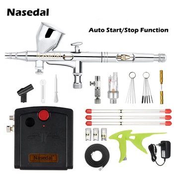 

Nasedal Auto-Stop Function Air Compressor 0.2mm Airbrush Kit Dual-Action Spary Gun for Nail Art Model Cake Car Painting NT-68B
