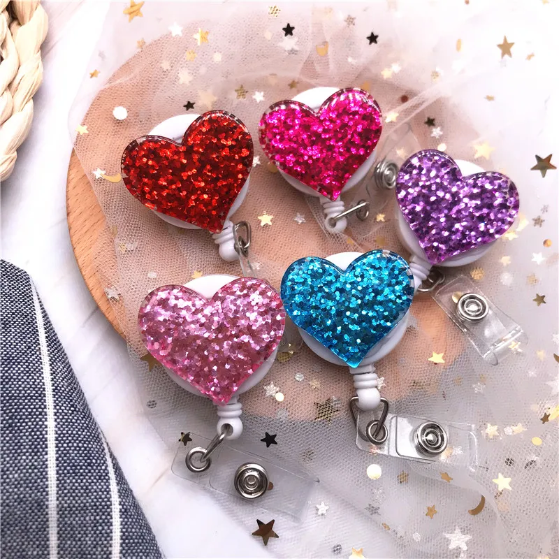 1PC Bling Love Heart Retractable Badge Holder Badge Clips For