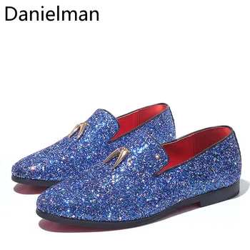 

Danielman Men Loafers Casual Shining Metallic Sequins Shoes Man Flats Comfortable Dress Shoes Big Size 38-48 Blue Party Shoe