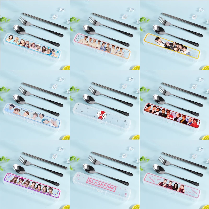 

Kpop BLACKPINK BNK48 EXO GOT7 iKON Stray Kids TWICE Stainless Steel Chopsticks Forks Spoons Box Tableware Set Fans Collection