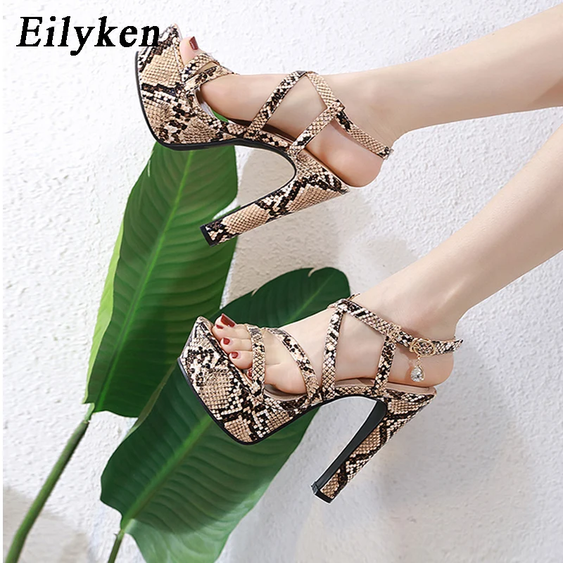 

Eilyken High Quality Snake Print Leather Sandals Women Platform Open Toe Chunky Heels Fashion Crystal Diamonds Buckle Strap Shoe