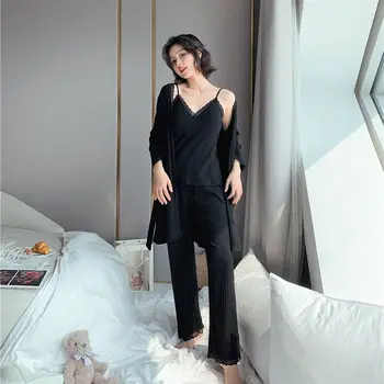 

Pajamas Women's Autumn Winter Sexy Sling Nightgown Three-Piece Set Korean Cotton Leisure Tops Thick Pajama Set Loungewear Women