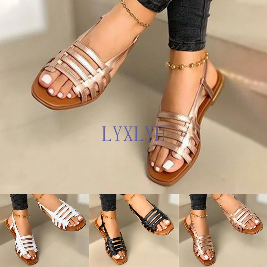 Sandalias planas para mujer, zapatos planos de cuero a la moda, de punta redonda, elegantes, con correa de hebilla ajustable, informales, de verano| Sandalias mujer| - AliExpress