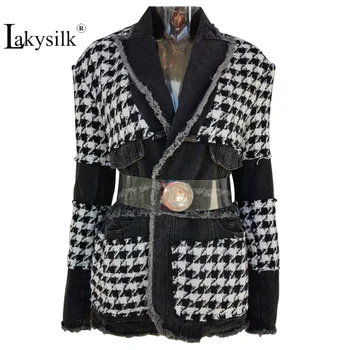 

Vintage Houndstooth Plaid Jackets Denim Stitching Lazy Waist Casual Wool Suit Female Fashion Patchwork Streetwear Coats