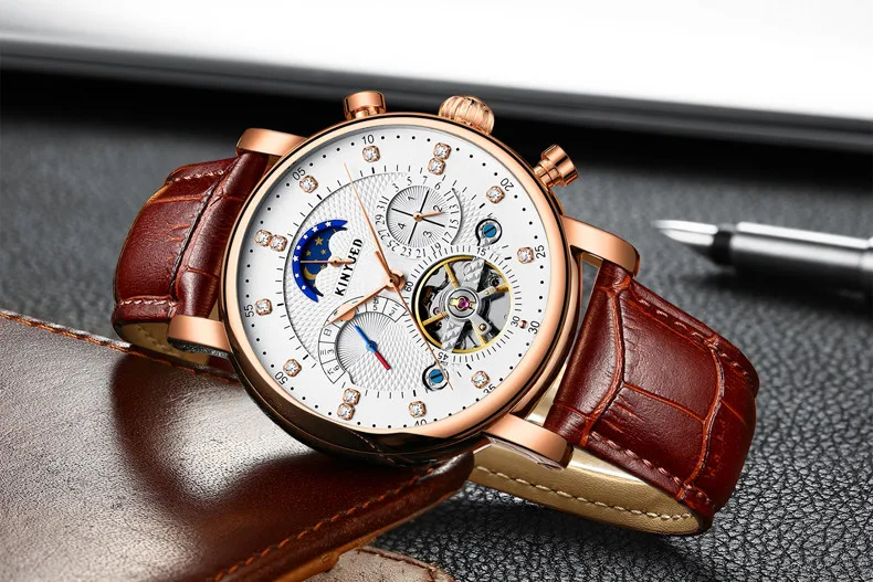 KINYUED натуральная кожа турбийонные автоматические механические часы мужские часы лучший бренд класса люкс reloj hombre relogio masculino