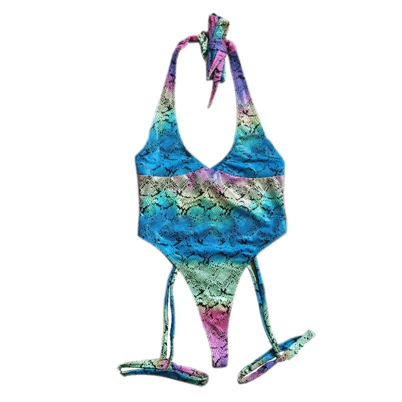 

TOP!-Neon Snake Skin Print Swimsuit Women Deep V One Piece Swimsuit High Leg Leopard Bikini Halter L