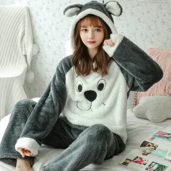 

Pajamas Set Coral Fleece Autumn/winter Sleepwear Women Plush Cartoon Cute Thick Flannel Home Clothes