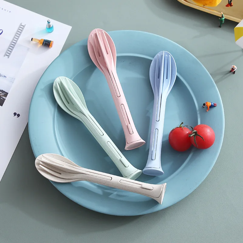 3pcs/set 3 in 1 Travel Portable Cutlery Set Japan Style Wheat Straw Knife Fork Spoon Student Dinnerware Sets Kitchen Tableware_voghion.com