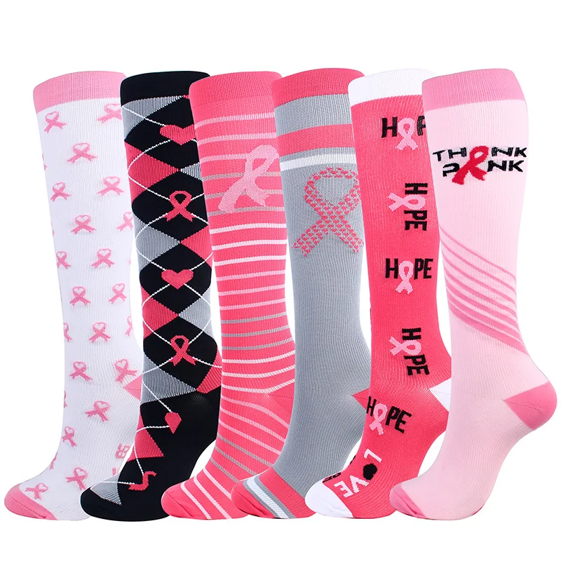 

20 Pair/Lot Custom Nylon 15-20 mmhg Ribbon Breast Cancer Awareness Nursing Nurse Compression Socks