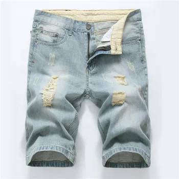 Spodenki jeansowe odzież męska klasyczne krótkie jeansy odzież marki bawełna elastyczność lato Hip-hop porwane jeansy niebieski szary tanie i dobre opinie KVMOHY na zamek błyskawiczny marszczona GEOMETRIC Spodnie do biegania light Sztucznie postarzone Wyglądające na zniszczone