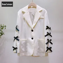 

High Street Coat Spring Womens New Fashion Design Bow Suits Office Lady Elegant Loose Solid Spliced Single Breasted Outerwear