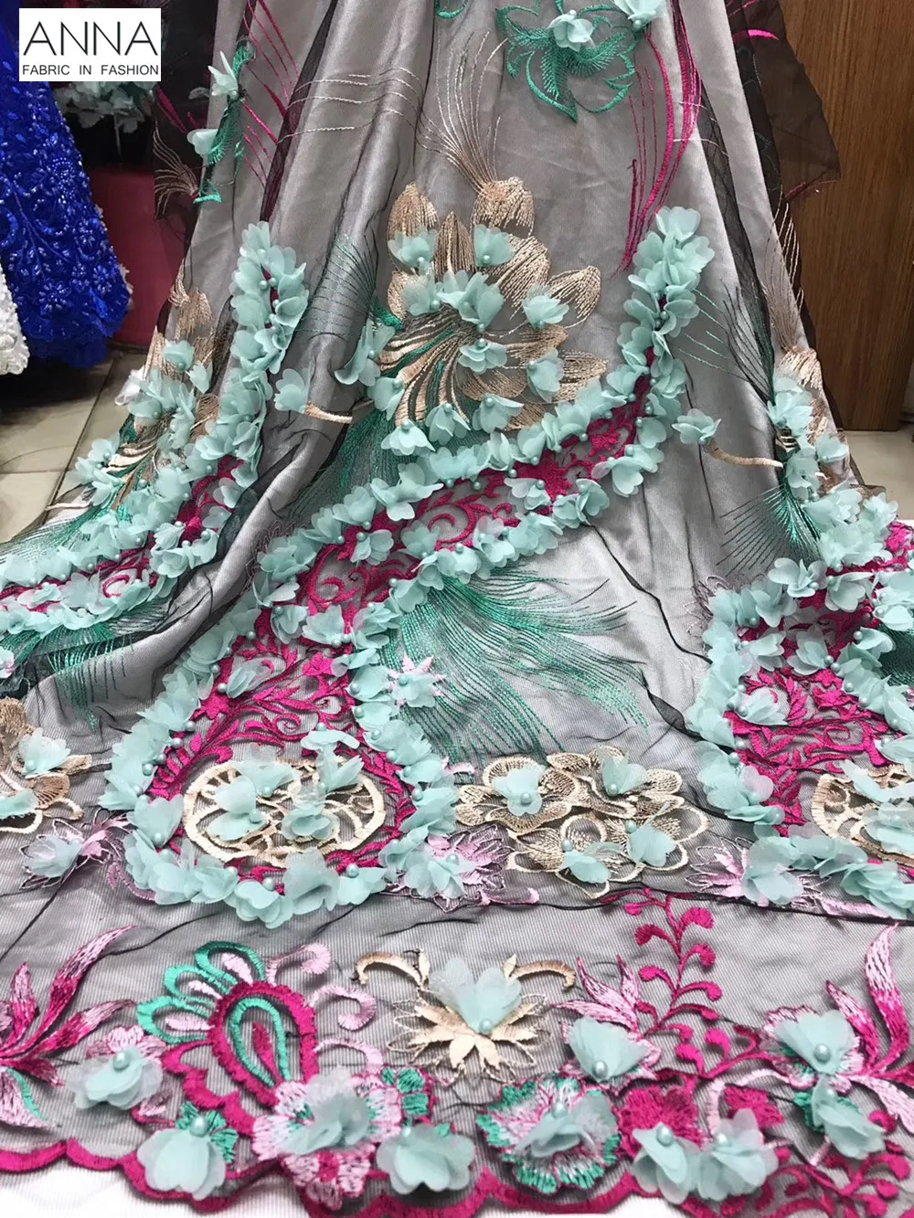 

ANNA Heavy Beaded Tulle 3D Applique Lace Fabric 2019 African Embroidered Net Lace French Beaded Lace Fabric Wedding Tulle Gown