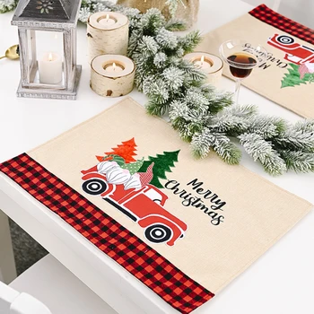 

Christmas Table Runner Placemat Creative Linen Embroidery Table Flag Cartoons Car Pattern Tablecloth Home Decor for Xmas Party