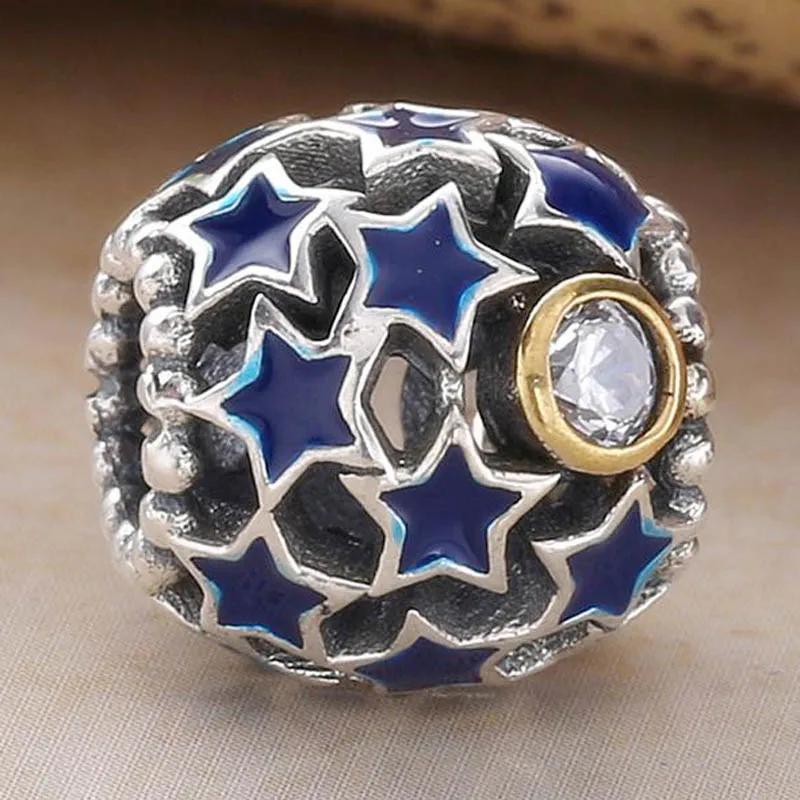 

New 925 Sterling Silver Charm Openwork Blue Enamel Night Sky With Crystal Bead Fit Original Bracelet Necklace DIY Jewelry