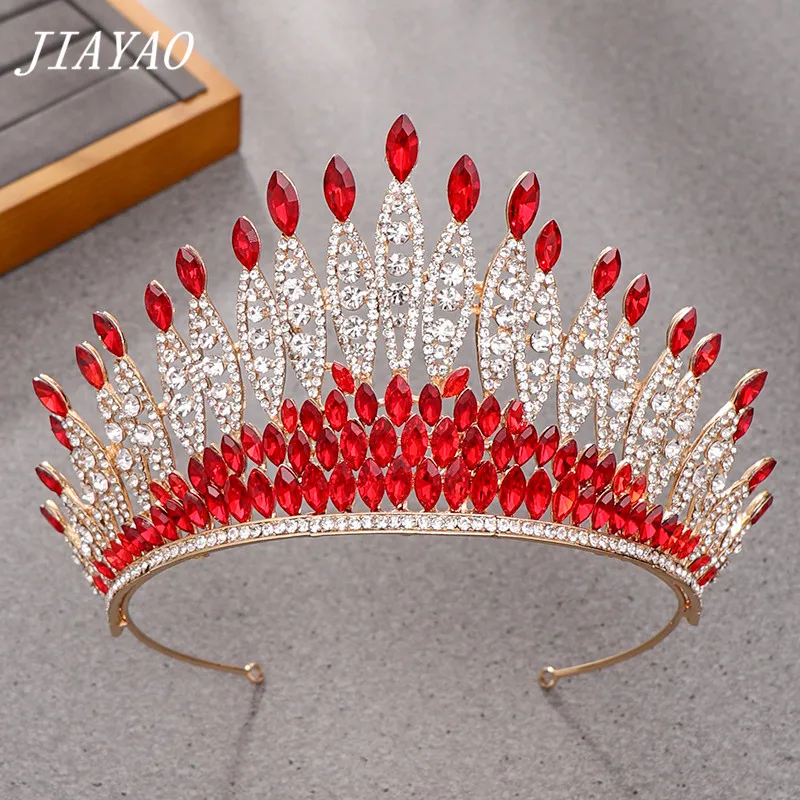 Red Crystal Rhinestone Crown Queen Diadem Wedding Headpiece Hair Accessories Bridal Tiaras